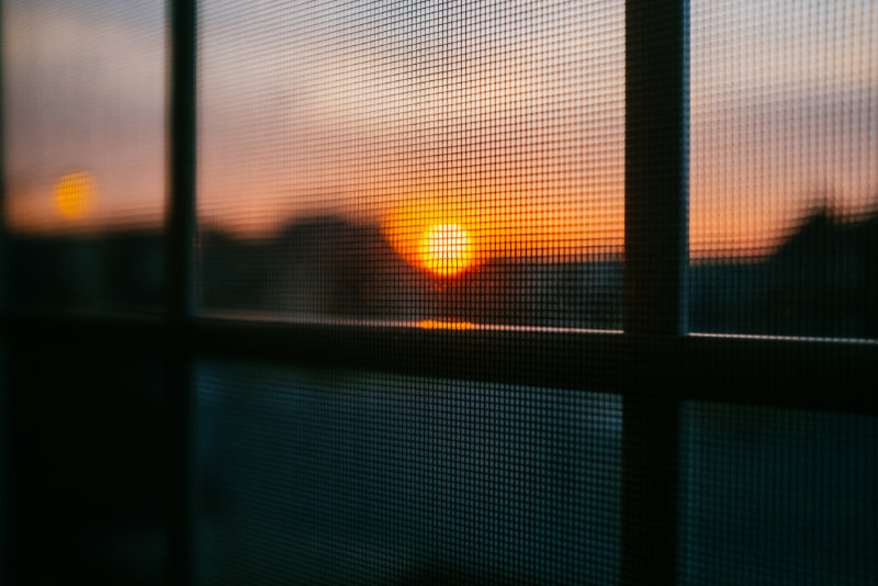 Fliegengitter am Fenster beim Sonnenuntergang
